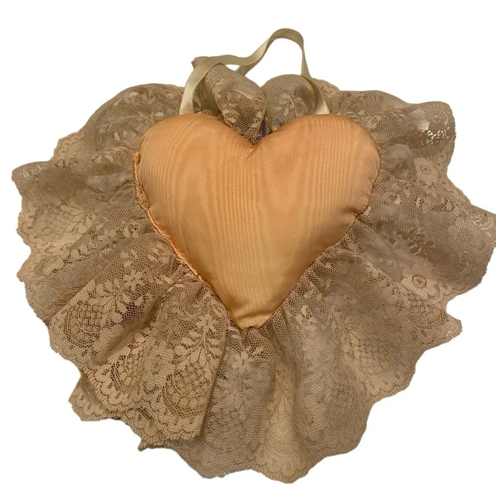 Heart Pillow Peach Shabby Chic Lace Ring Bearer Wedding Cottage Core Victorian